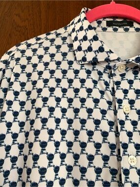 Turtleson Men's Charcoal Grill Patterned White & Navy Polo Shirt